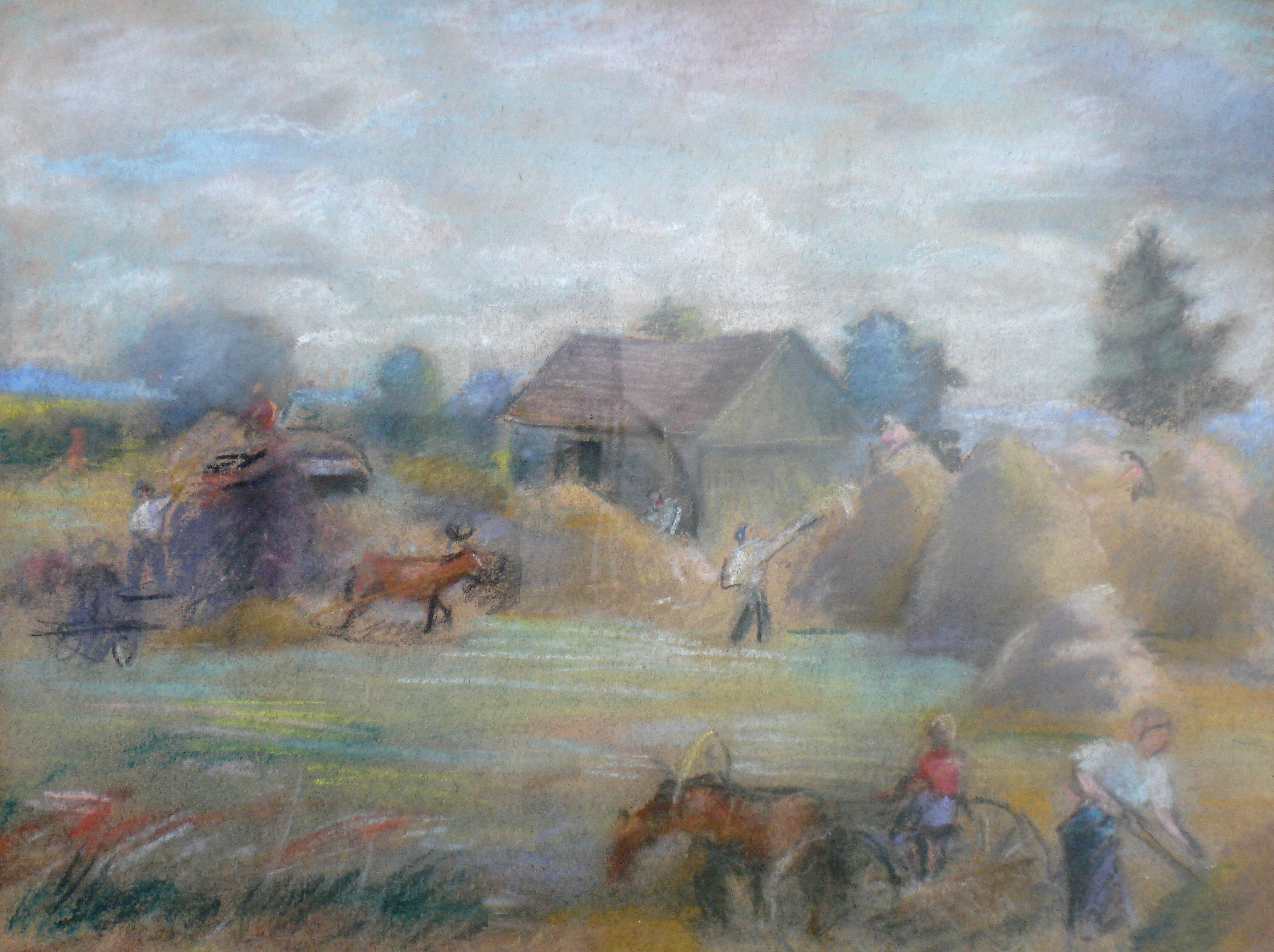 Aleksandra Belcova Animal Painting – Zeit des Heumachens  Pastell auf Papier, 30x39 cm, 1930er Jahre