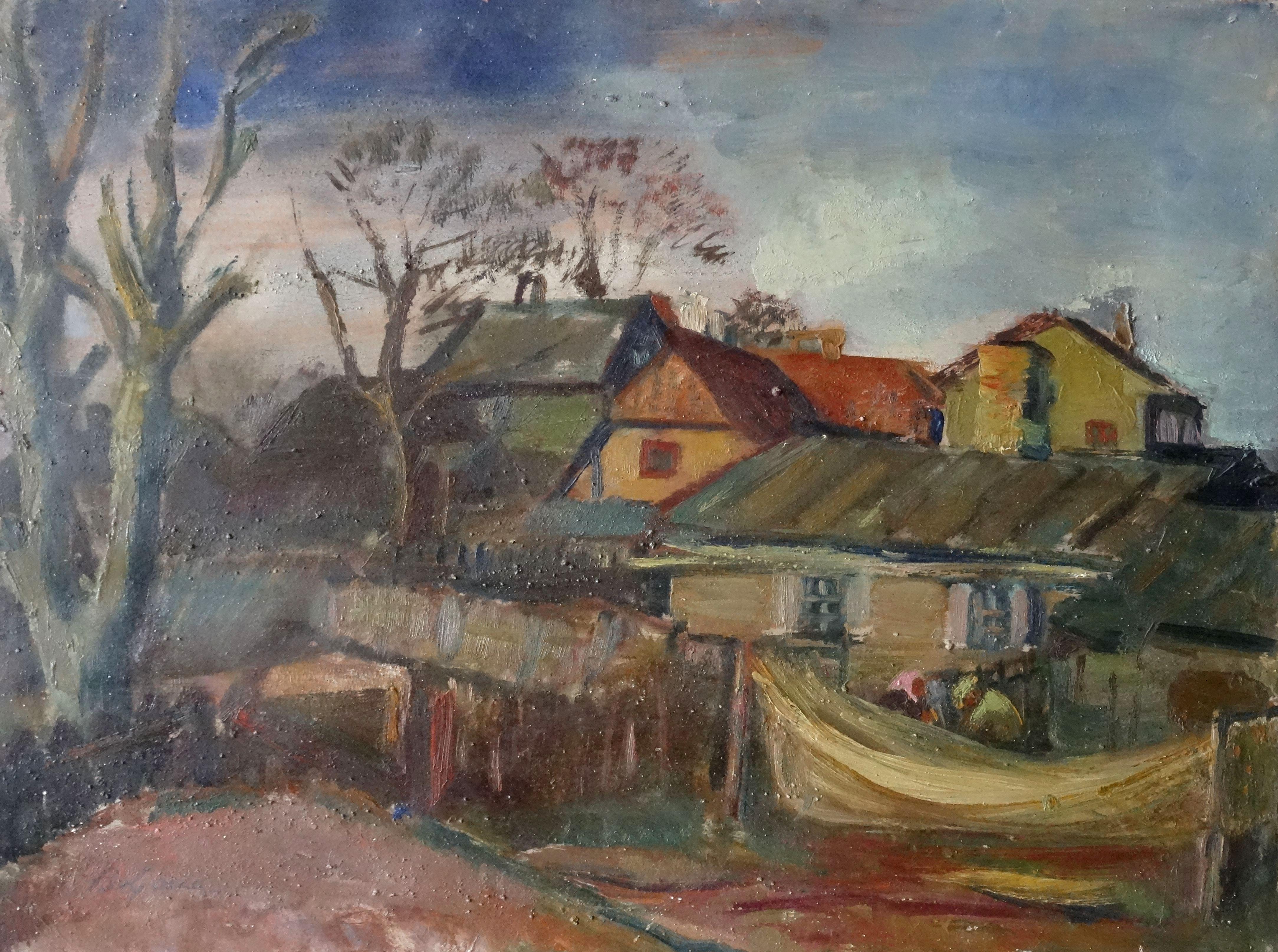 In Cafe  1920s, oil on cardboard, 60x45 cm/ Fishermen houses  1930s, Bilateral - Painting by Aleksandra Belcova