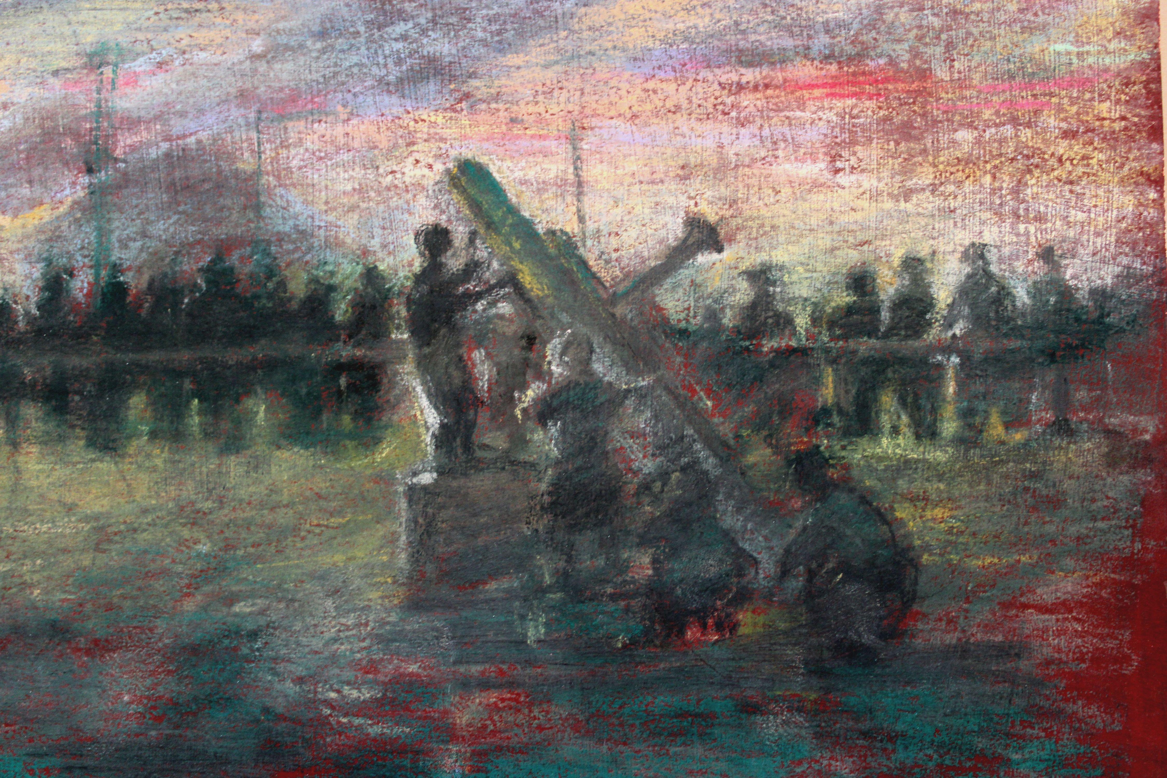 Night before the battle  1940s. Paper, pastel. 27.3x38.4 cm - Painting by Aleksandra Belcova
