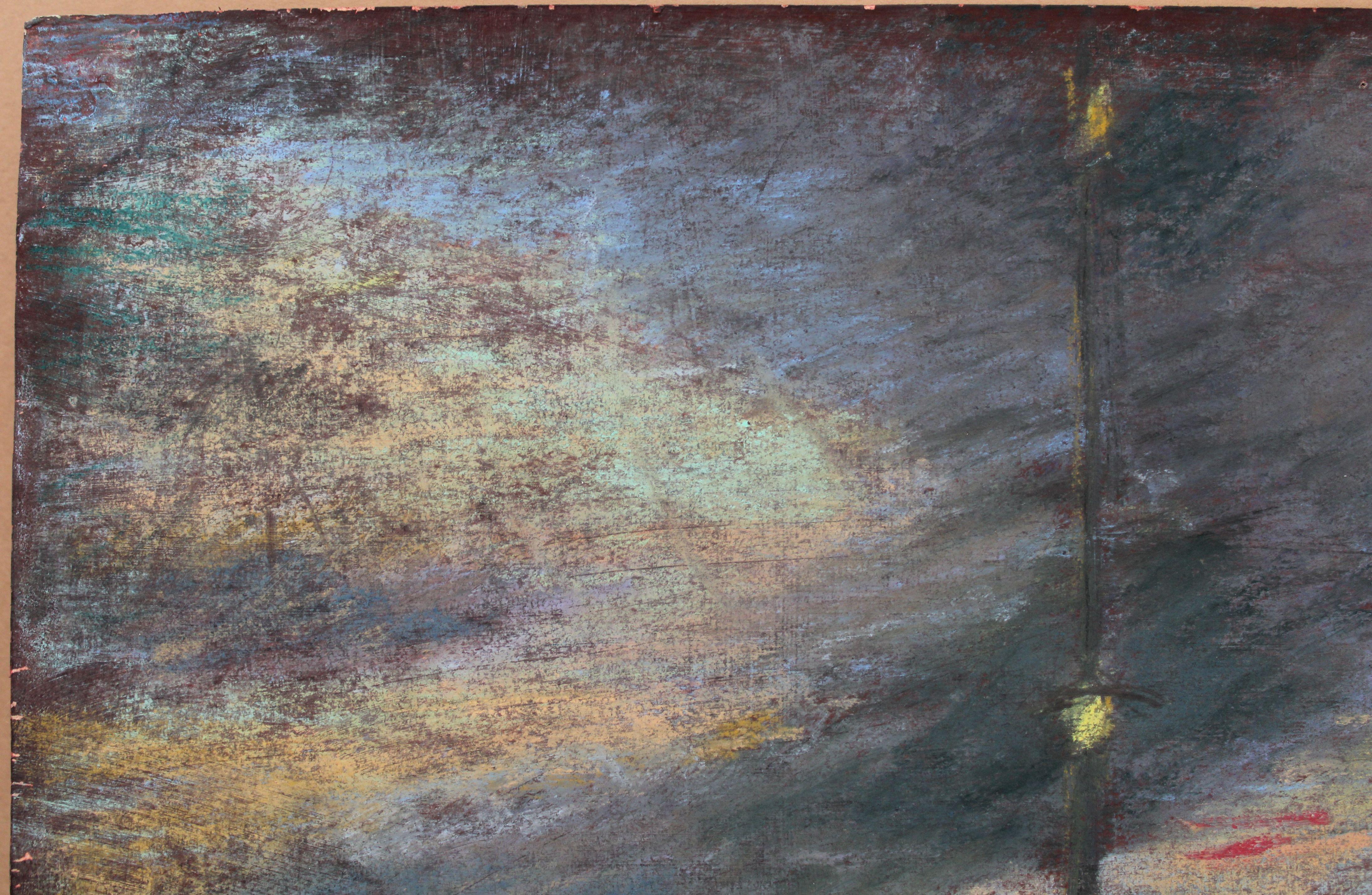 Night before the battle  1940s. Paper, pastel. 27.3x38.4 cm - Impressionist Painting by Aleksandra Belcova