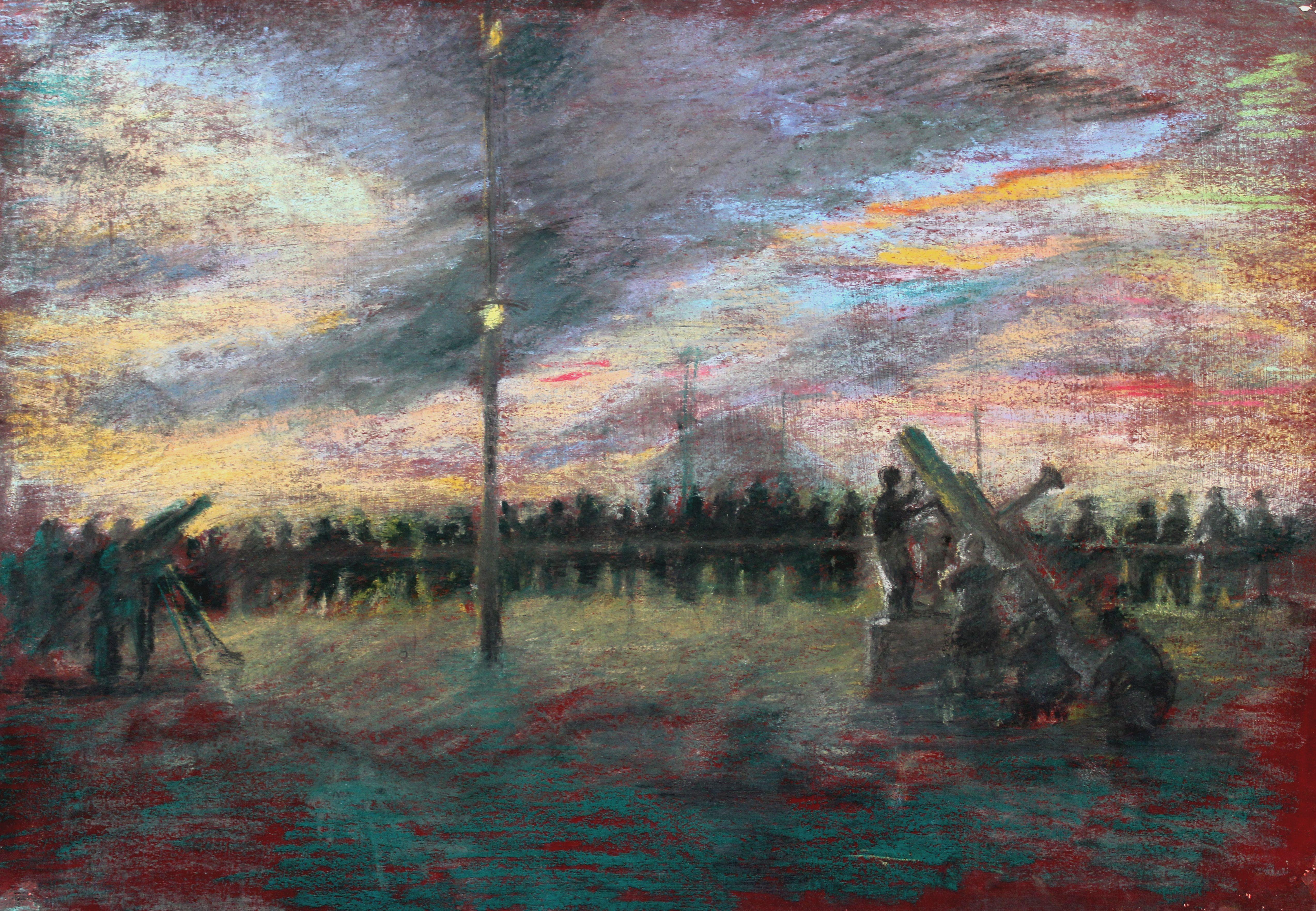Aleksandra Belcova Figurative Painting - Night before the battle  1940s. Paper, pastel. 27.3x38.4 cm