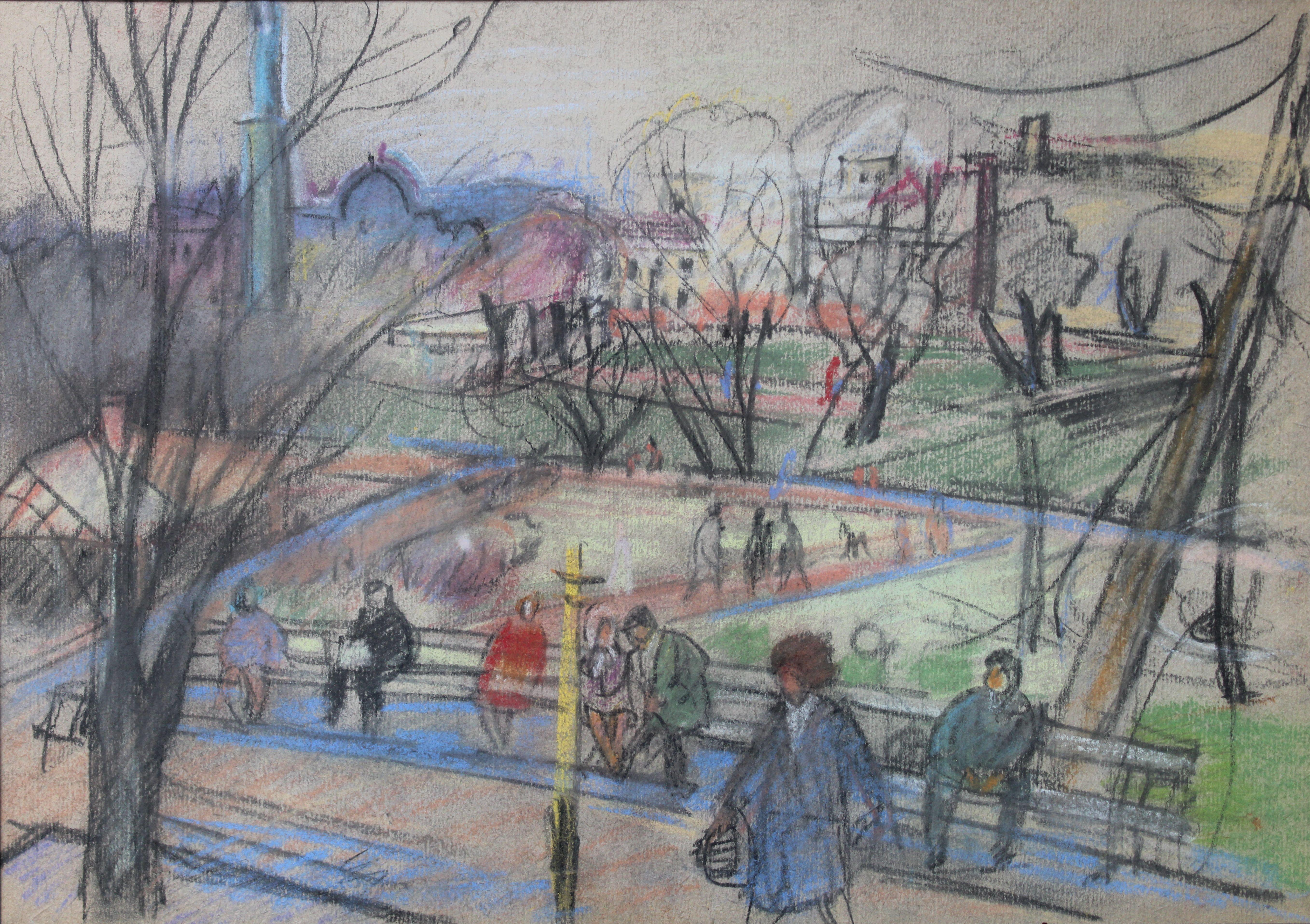 Outlook of the city  1960. paper, pastel. 29x40 cm