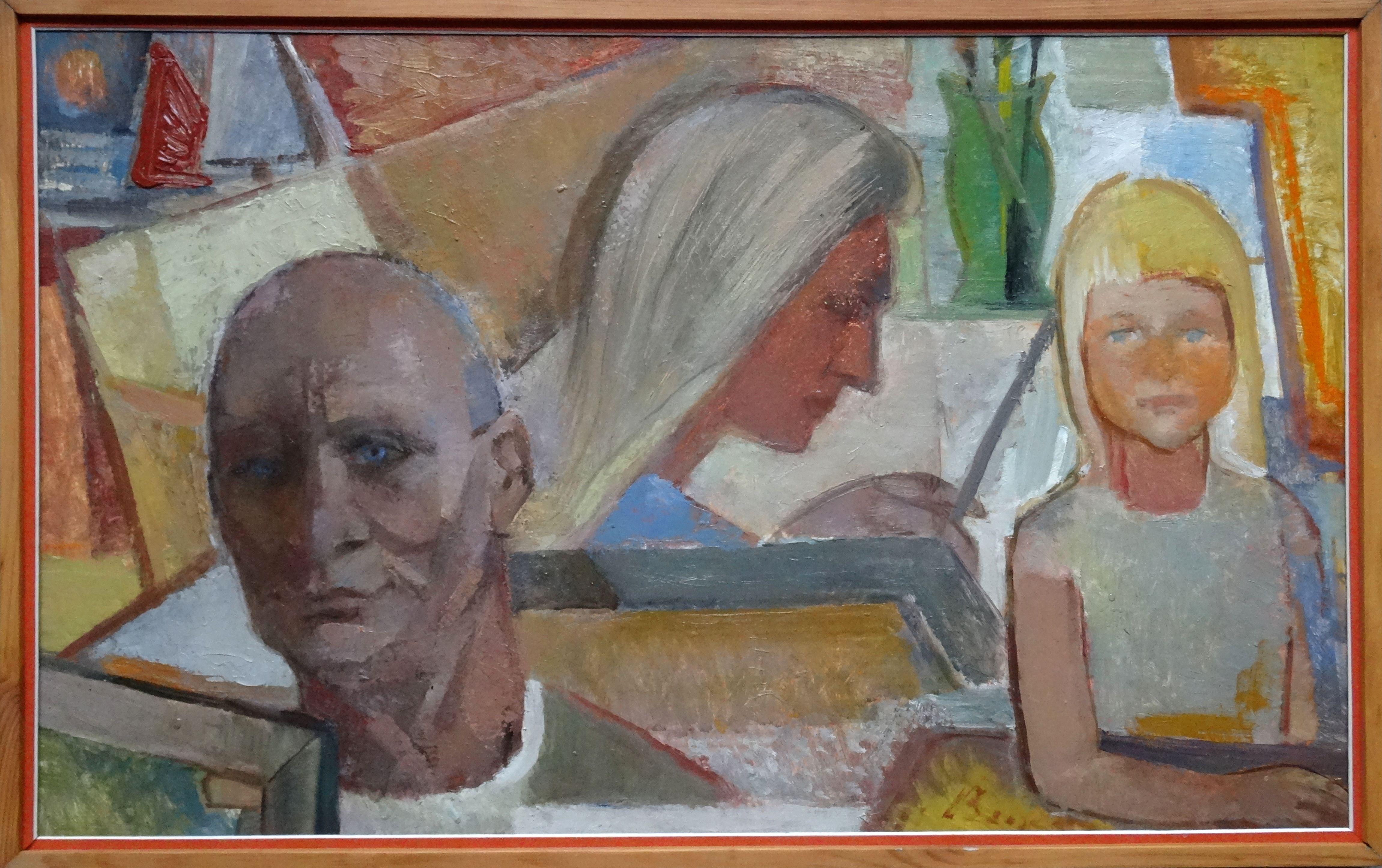 Die Familie des Malers. Öl auf Karton, 50x79,5 cm (Grau), Portrait Painting, von Aleksandra Belcova