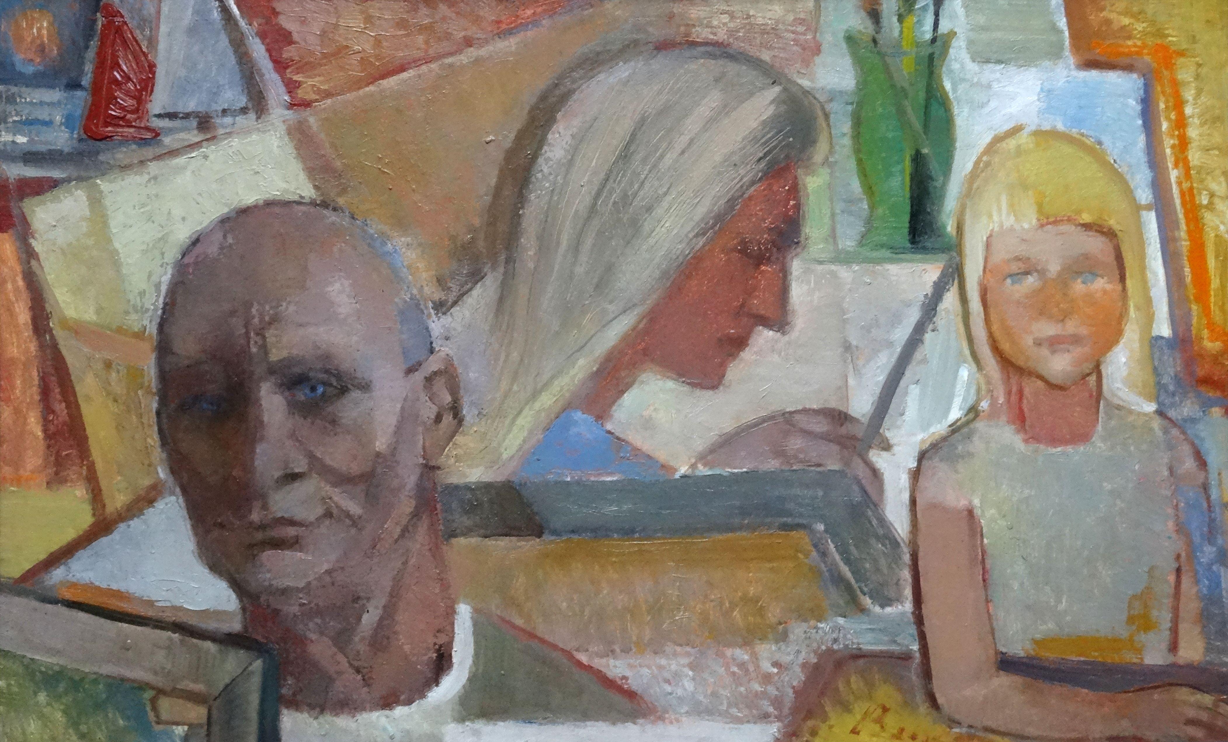 Aleksandra Belcova Portrait Painting - Painter's family. Oil on cardboard, 50x79, 5 cm