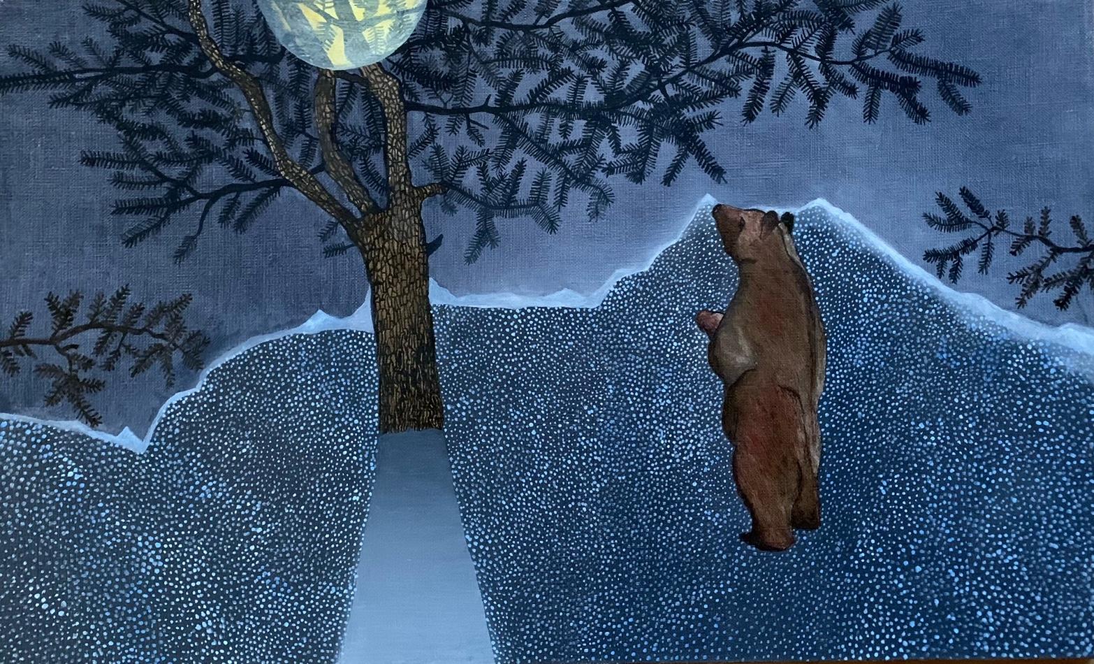 Aleksandra Bujnowska Landscape Painting - Amuse Bouche - Contemporary Figurative Nature Animal Oil Painting, Bear, Trees