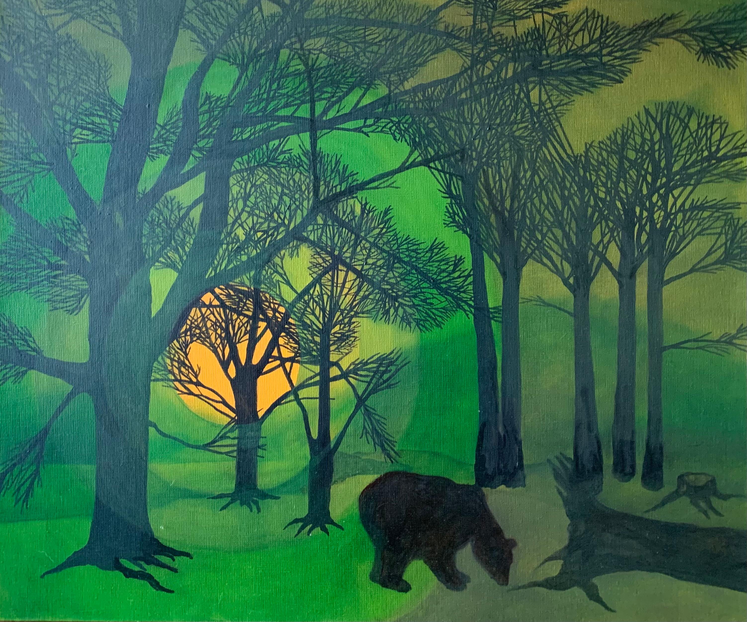 Aleksandra Bujnowska Landscape Painting - GOOD MORNING - Walking Bear- Contemporary Animal and Nature Oil Painting, Forest