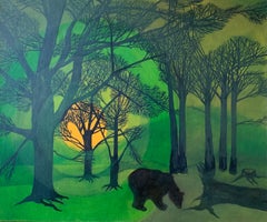 GOOD MORNING - Walking Bear- Contemporary Animal and Nature Oil Painting, Forest