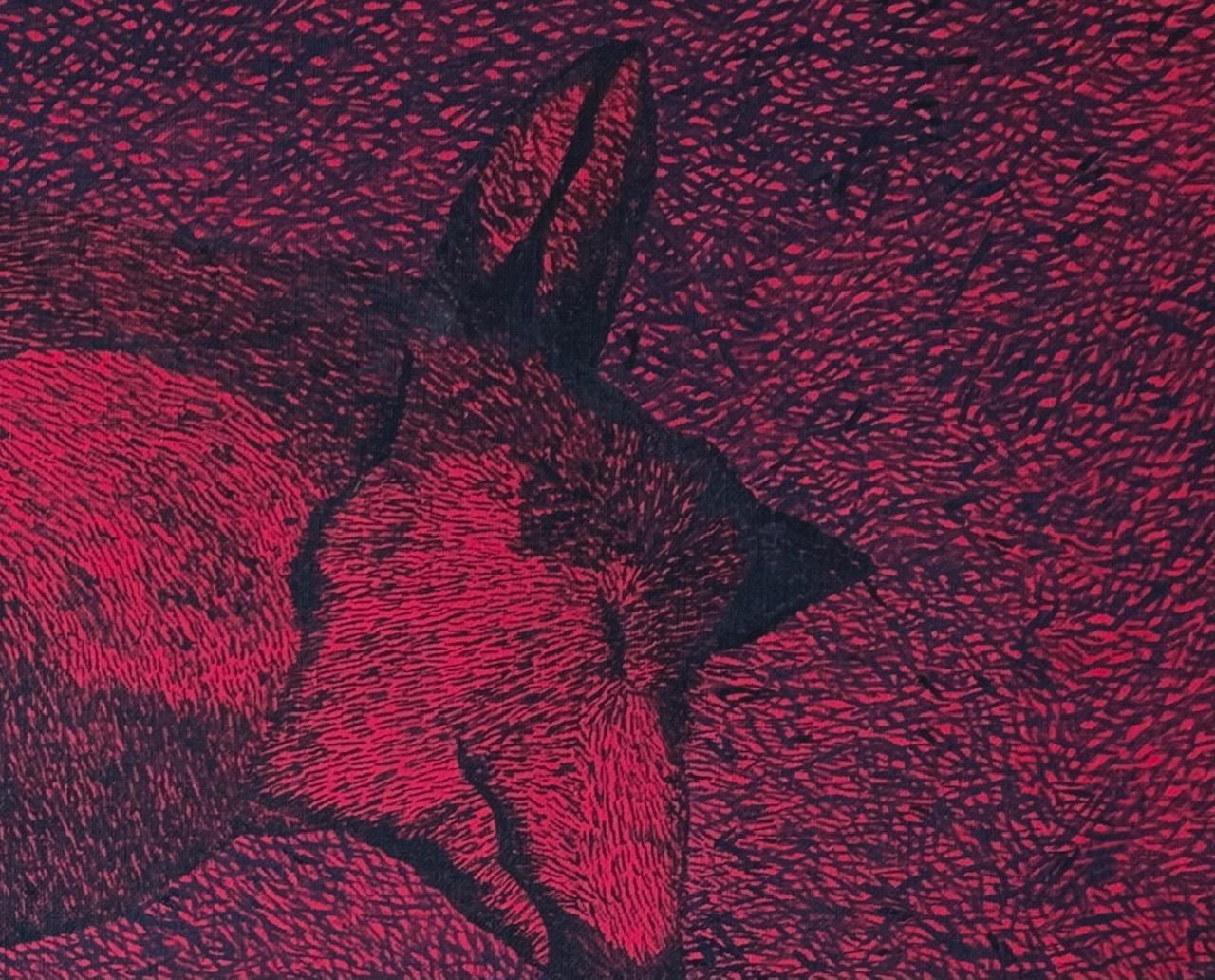 Hunting Hunter 2 (Sleeping Wolf) - Animals Oil Painting, Magical Realism, Nature - Black Animal Painting by Aleksandra Bujnowska
