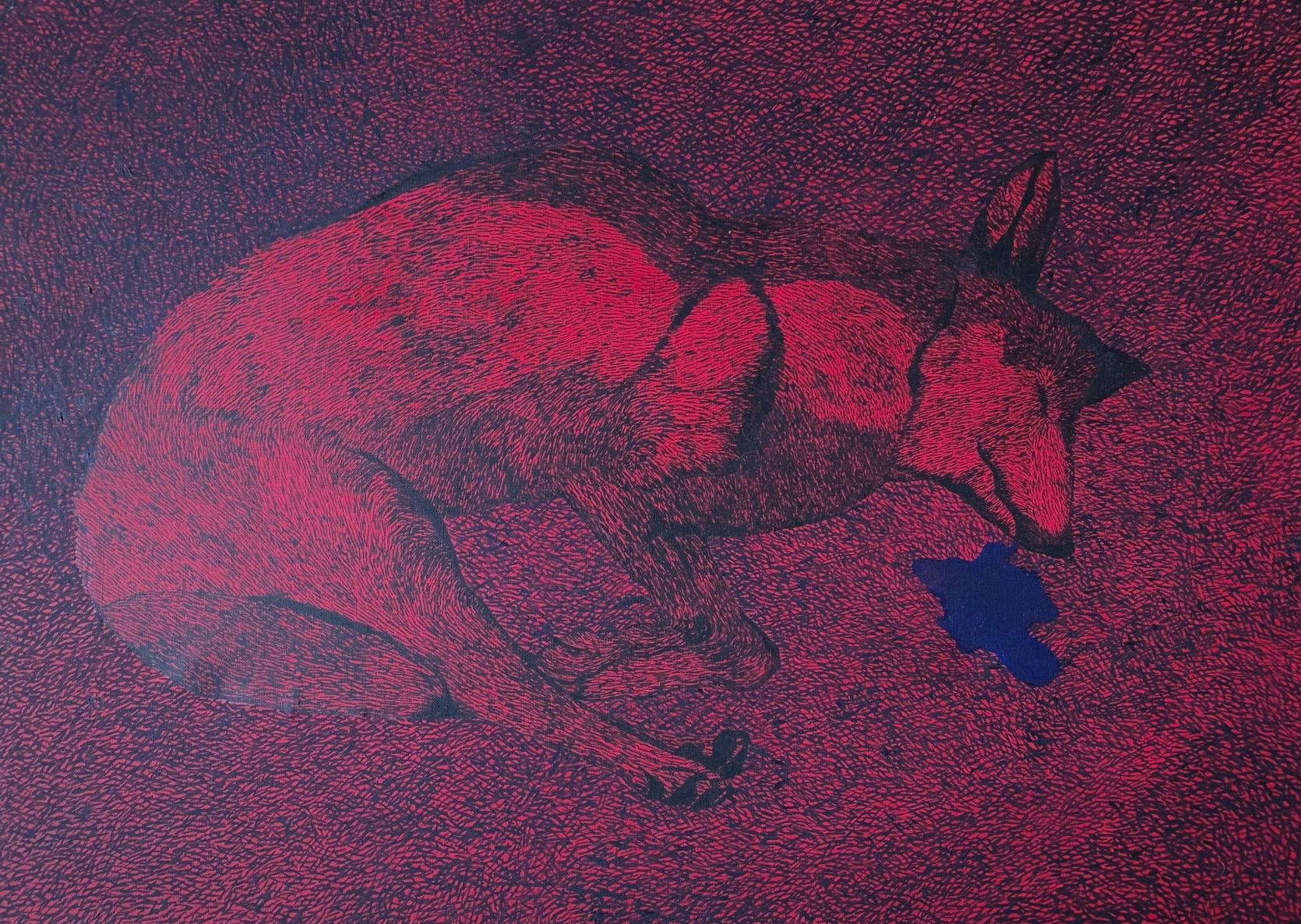 Aleksandra Bujnowska Animal Painting - Hunting Hunter 2 (Sleeping Wolf) - Animals Oil Painting, Magical Realism, Nature