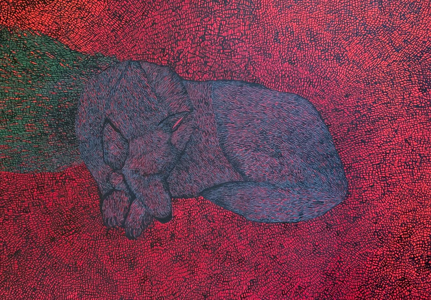 Figurative Painting de Aleksandra Bujnowska - Cazador 3 (Lobo dormido) - Animales Pintura al óleo, Realismo mágico, Naturaleza