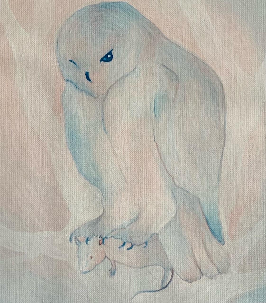 One Owl One Mouse -  Figurative Animal Oil Painting, Magical Realism For Sale 1