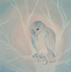 One Owl One Mouse -  Figurative Animal Oil Painting, Magical Realism