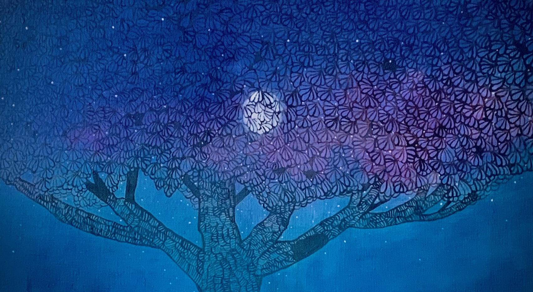 El castaño y la luna - Pintura al óleo contemporánea figurativa de naturaleza, árboles - Painting de Aleksandra Bujnowska