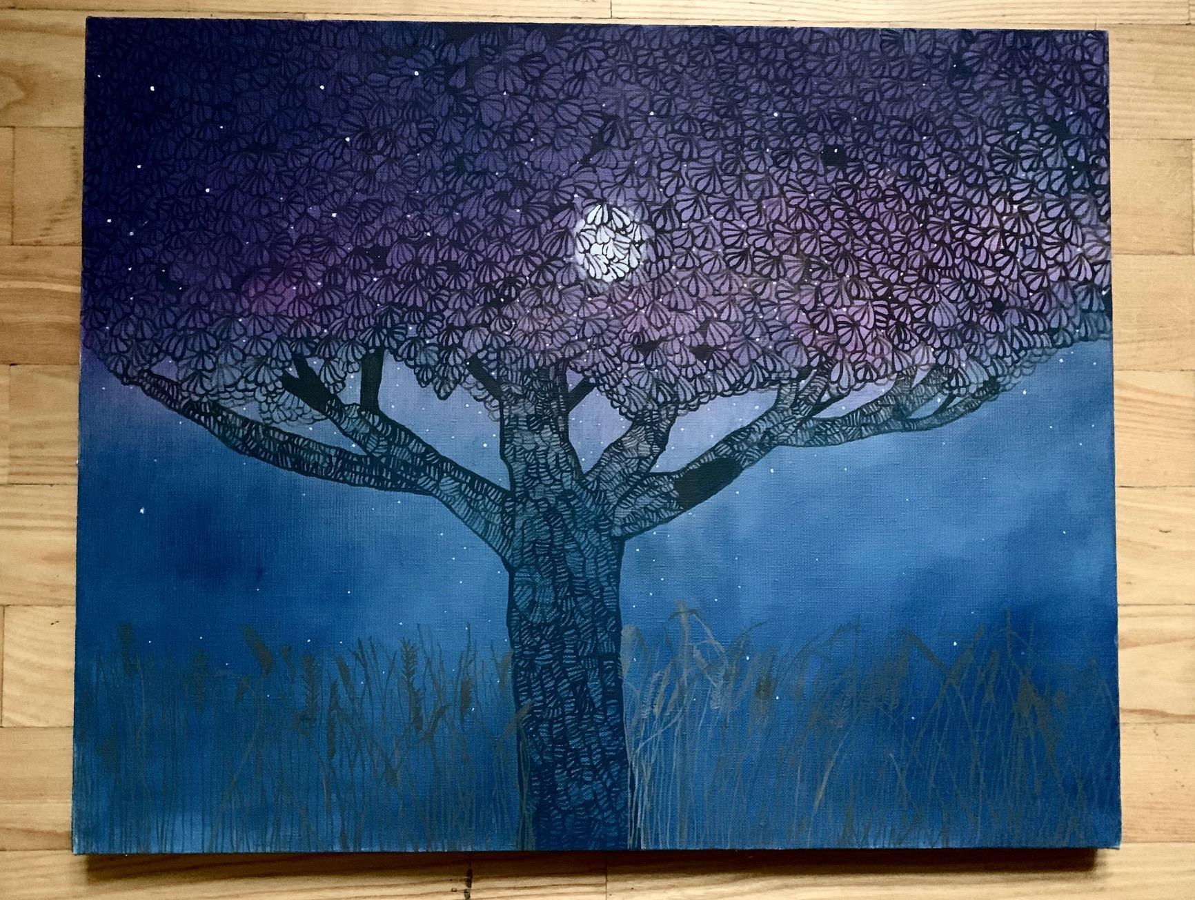 The Chestnut And The Moon - Peinture à l'huile contemporaine figurative de nature, arbres - Violet Figurative Painting par Aleksandra Bujnowska