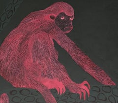 La scimmia rosa - Pittura ad olio contemporanea di animali figurativi, realismo magico