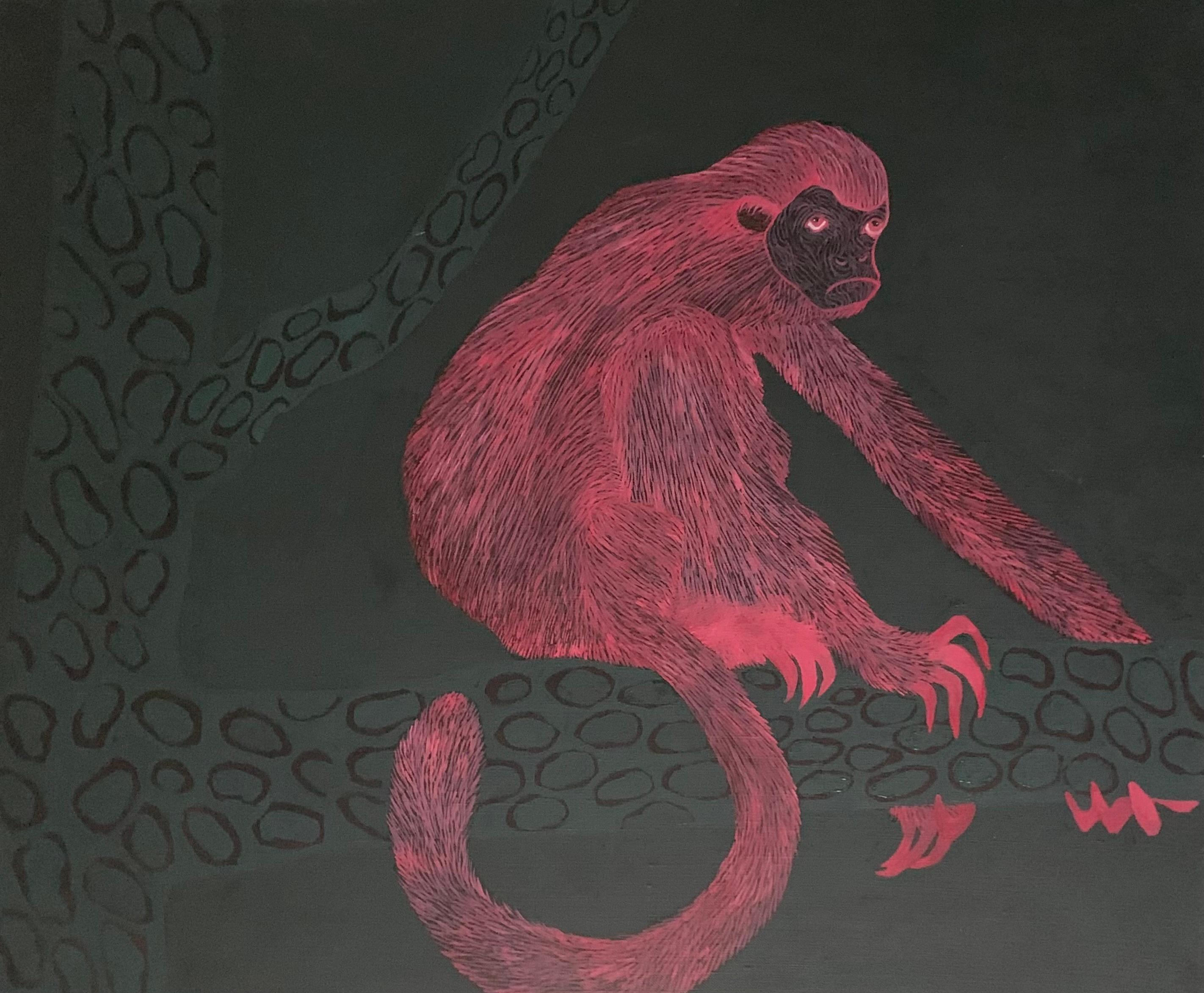 Aleksandra Bujnowska Landscape Painting - The Pink Monkey - Contemporary Figurative Animals Oil Painting, Magical Realism