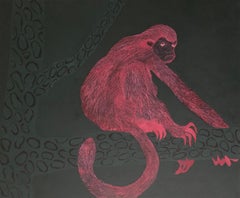 The Pink Monkey - Contemporary Figurative Animals Oil Painting, Magical Realism