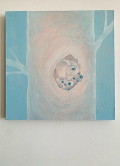 Three Owls  -  Figurative Animal Oil Painting, Magical Realism