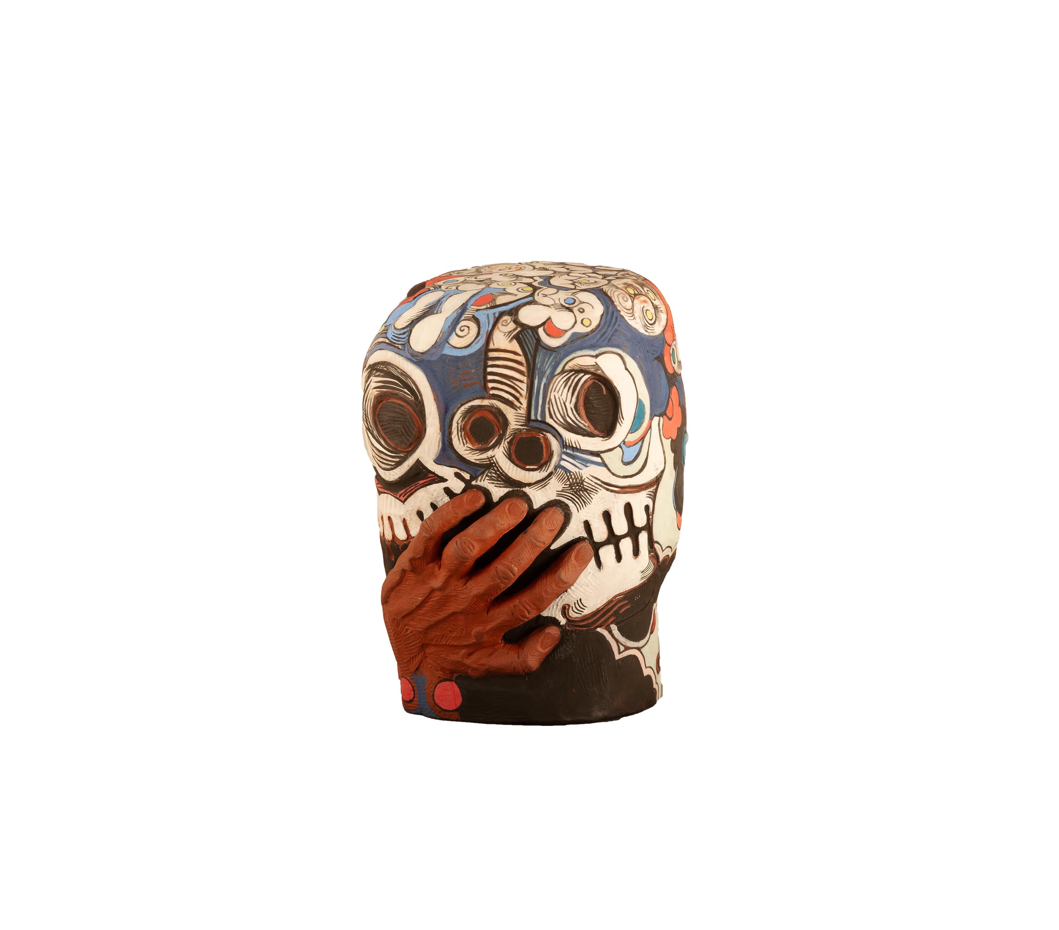 Hand-painted, hand-carved and sculpted. Object signed and dated by the artist. See close-up photo of the white area on top of the sculpture.