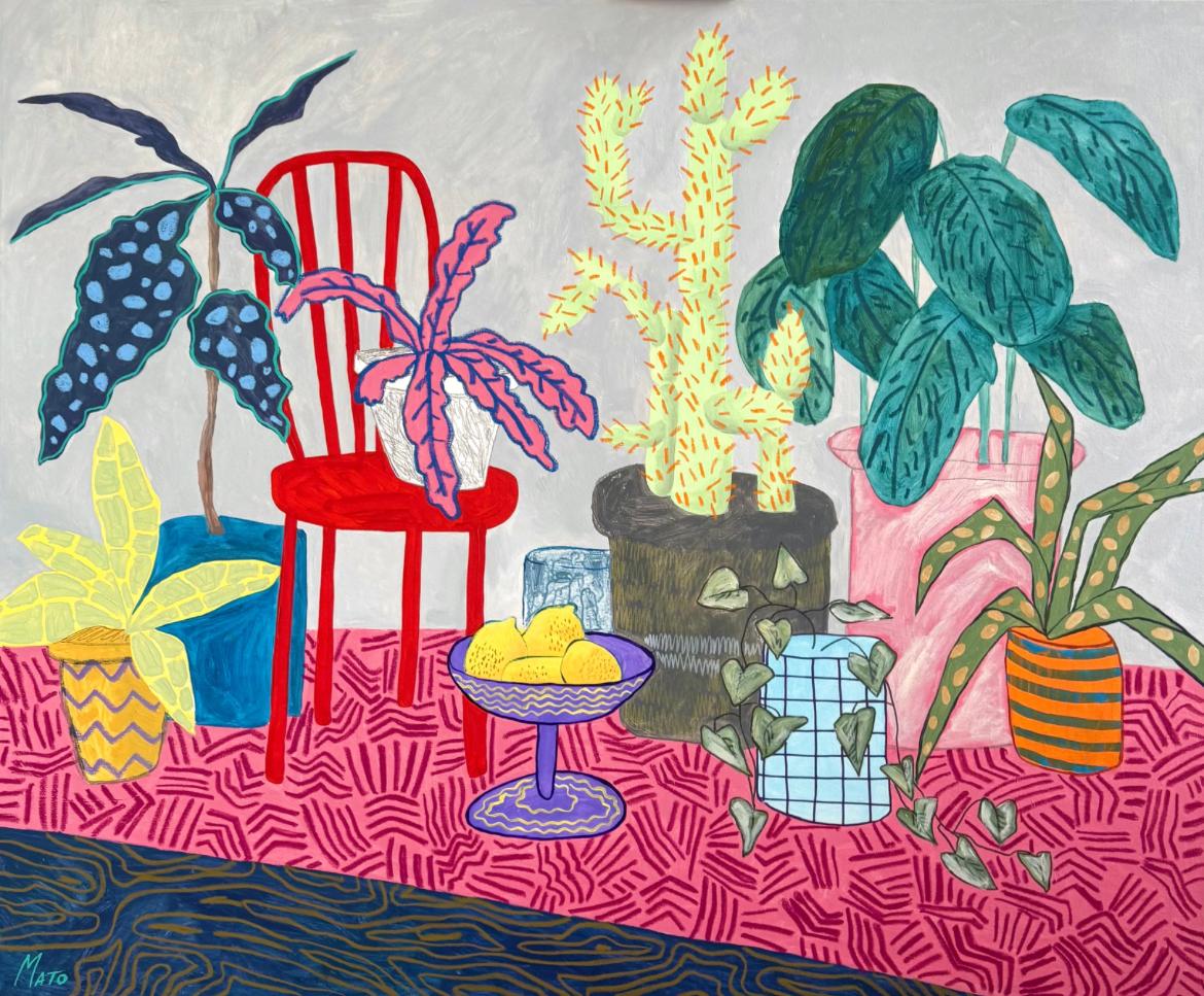 A chair and flowers, 100x120cm, acrylic on canvas - Painting by Aleksandra Mato