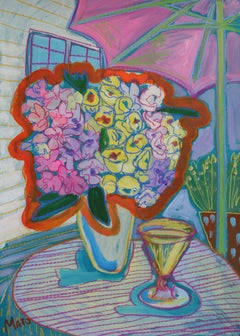 A glass of champagne on a summer evening, 70x50cm, paper/ pastel/ gouache