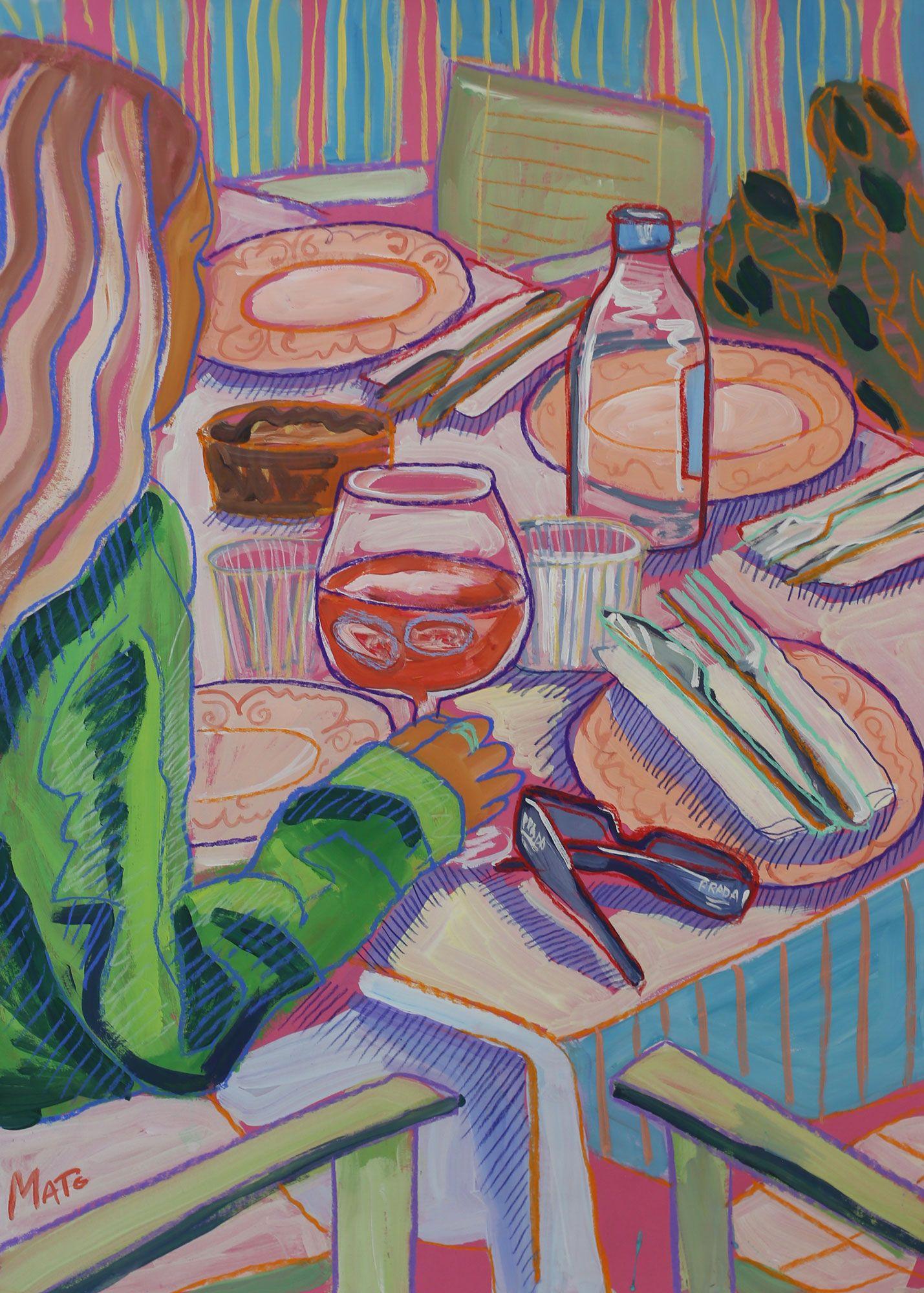 En el restaurante, 70x50cm, papel/pastel/guache