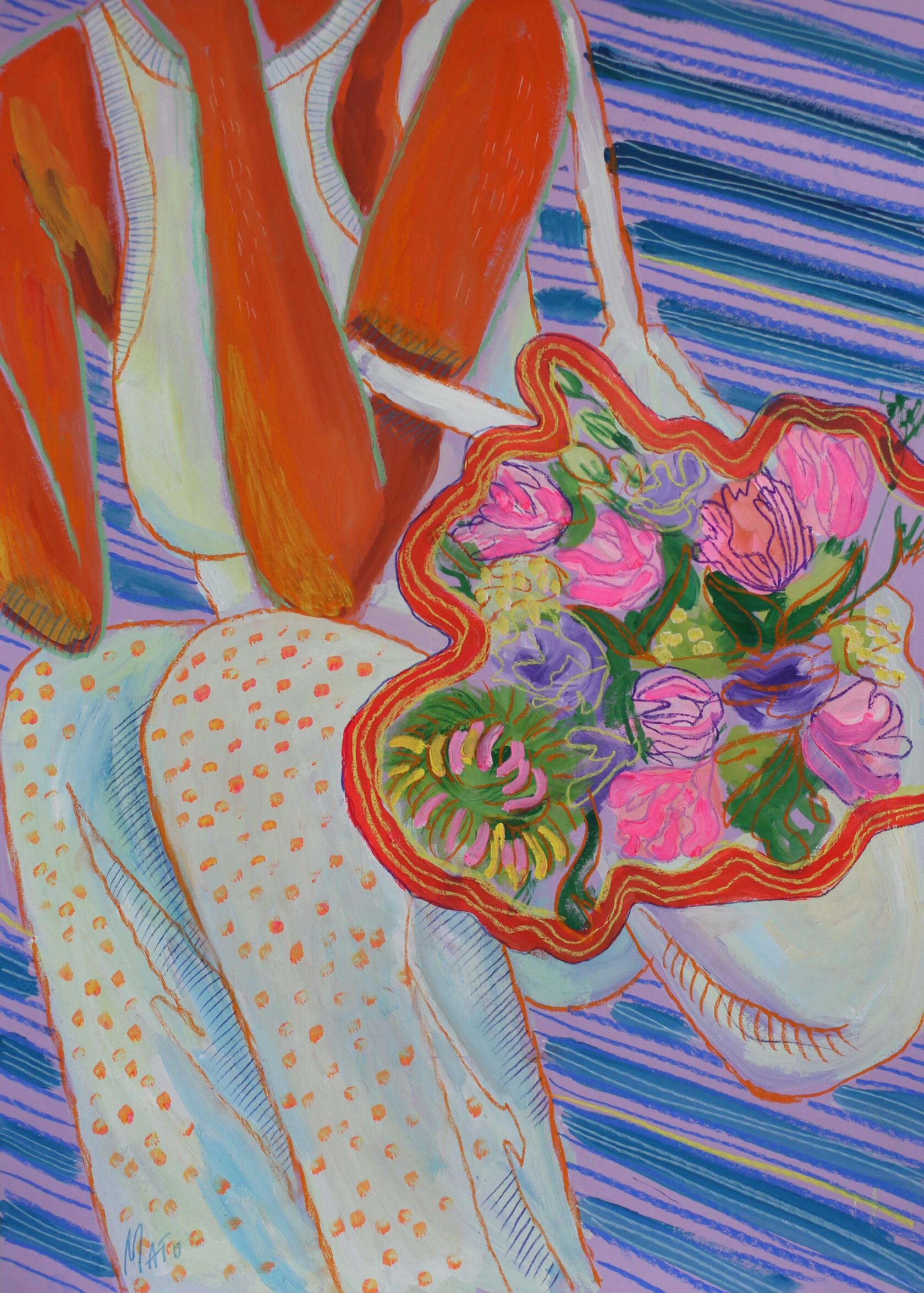 Sac avec fleurs 70x50cm, papier/ pastel/ gouache