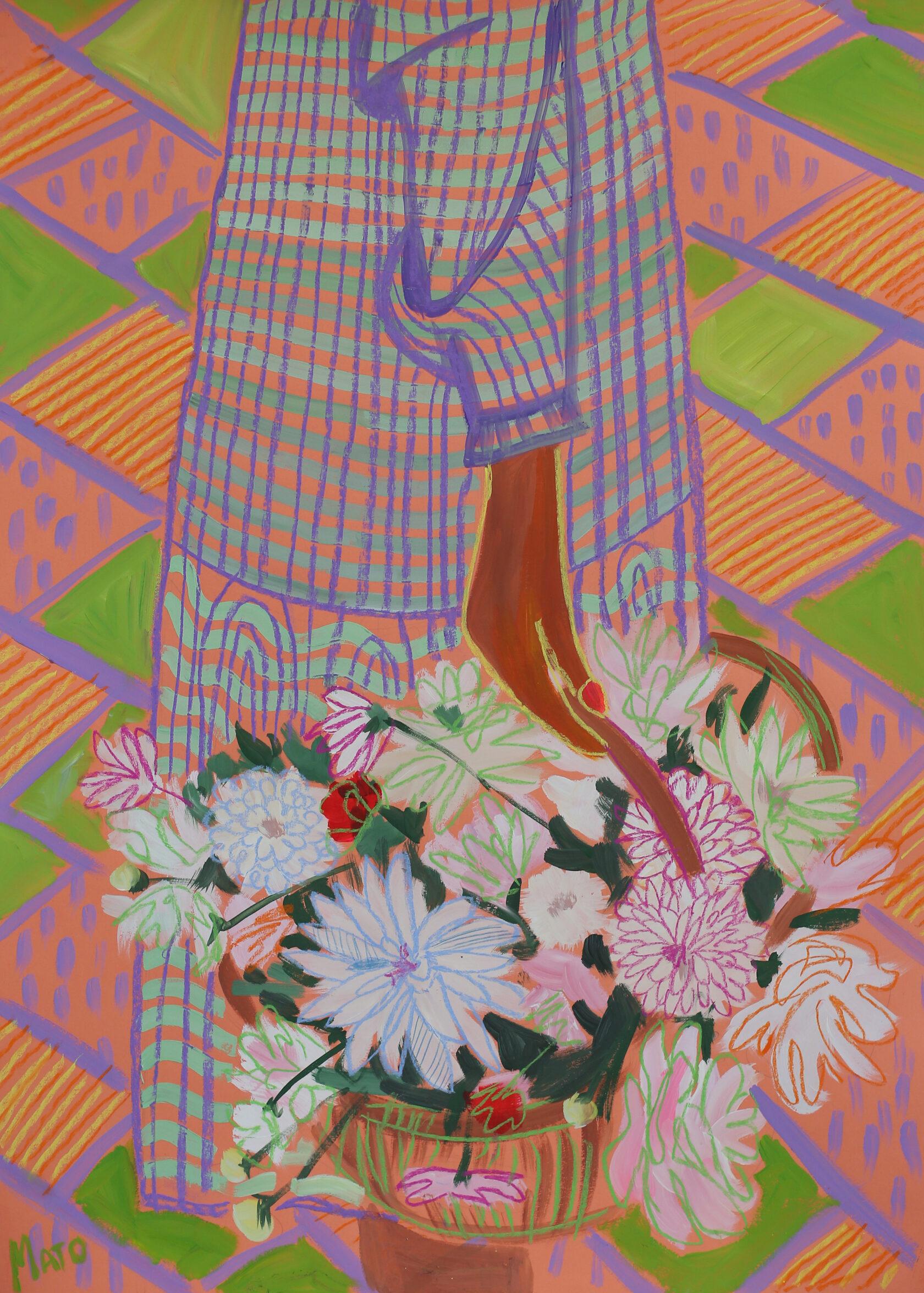 Panier avec fleurs, 70x50cm, papier/ pastel/ gouache