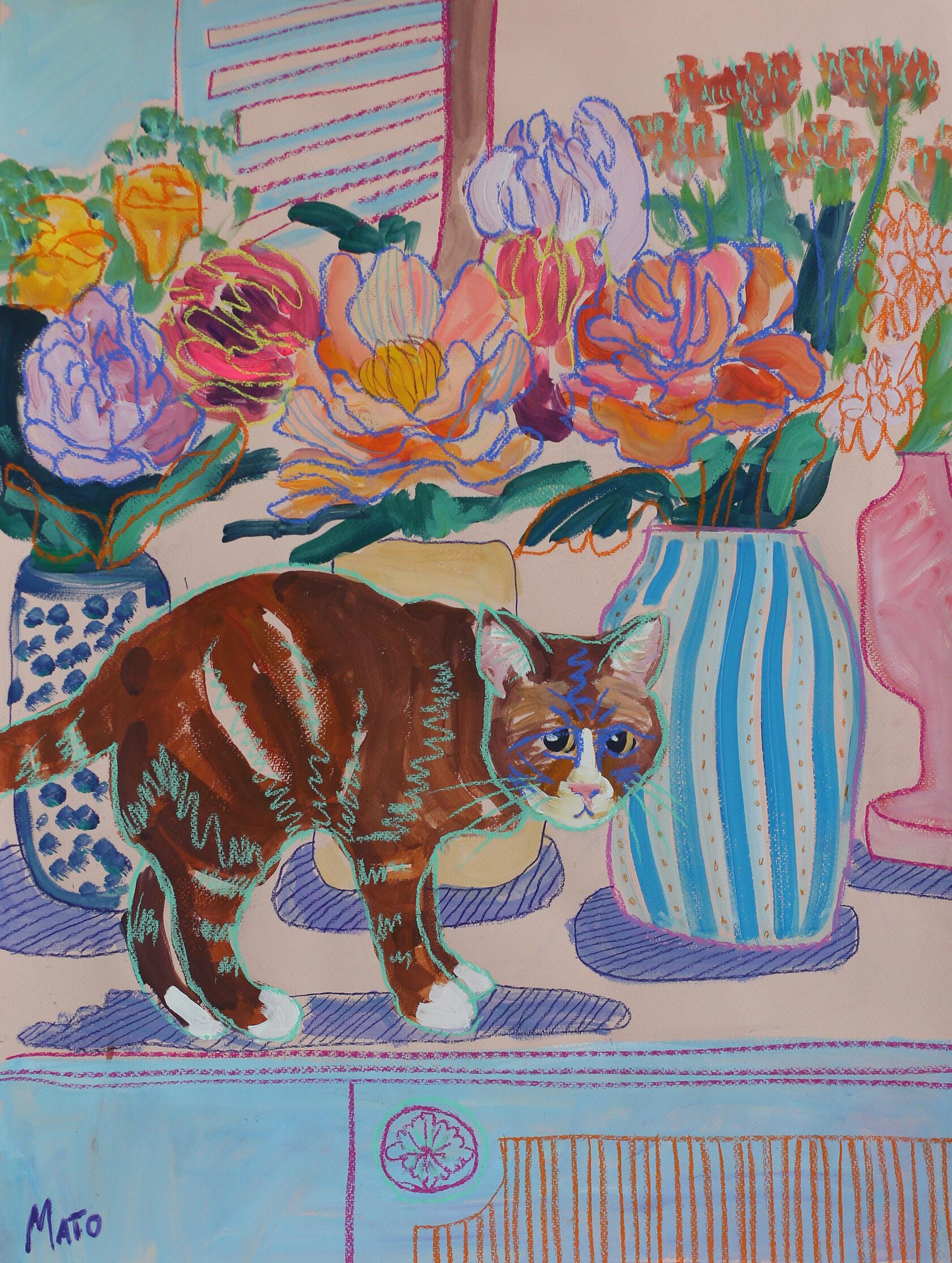 Aleksandra Mato Figurative Painting - Cat in flowers