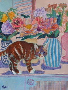 Katze in Blumen, 65x50cm