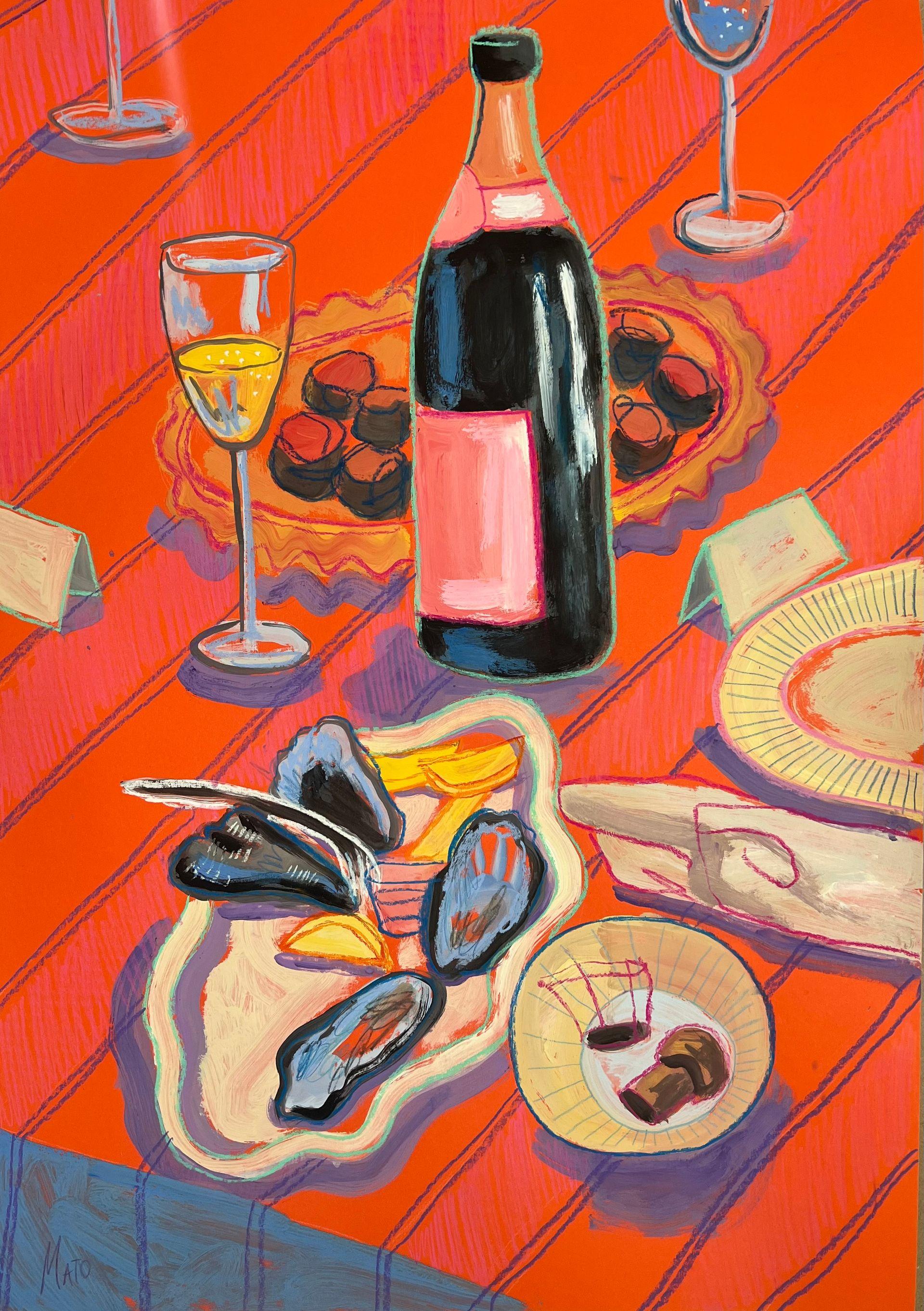 Velada con ostras, 70x50cm. papel/ pastel/ gouache