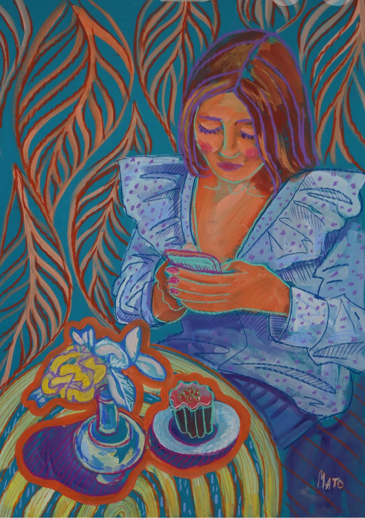 Chica en un café, 70x50cm, papel/ pastel/ gouache