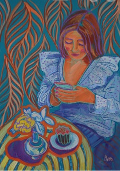 Chica en un café, 70x50cm, papel/ pastel/ gouache
