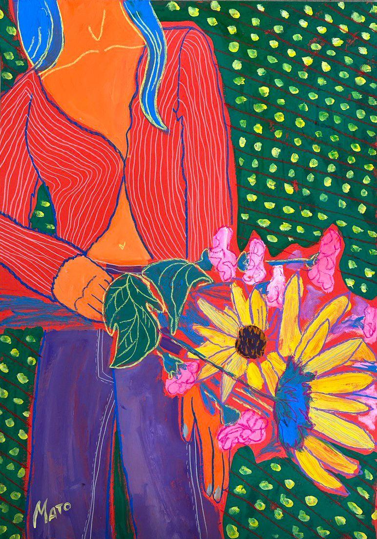 Ragazza con bouquet, 70x50cm, carta/guazzo/pastello