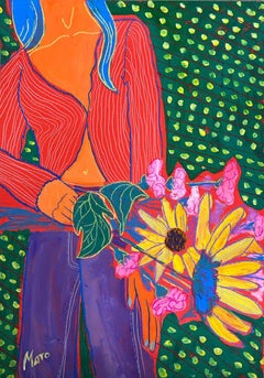 Girl with a bouquet, 70x50cm, paper/ gouache / pastel