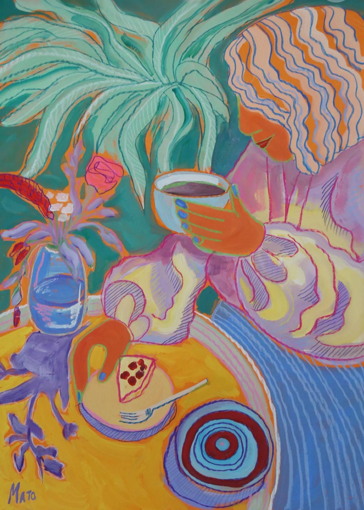 Chica con una taza de café, 70x50cm, papel/ pastel/ gouache