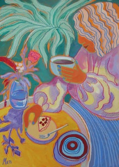 Ragazza con una tazza di caffè, 70x50cm, carta/pastello/guazzo