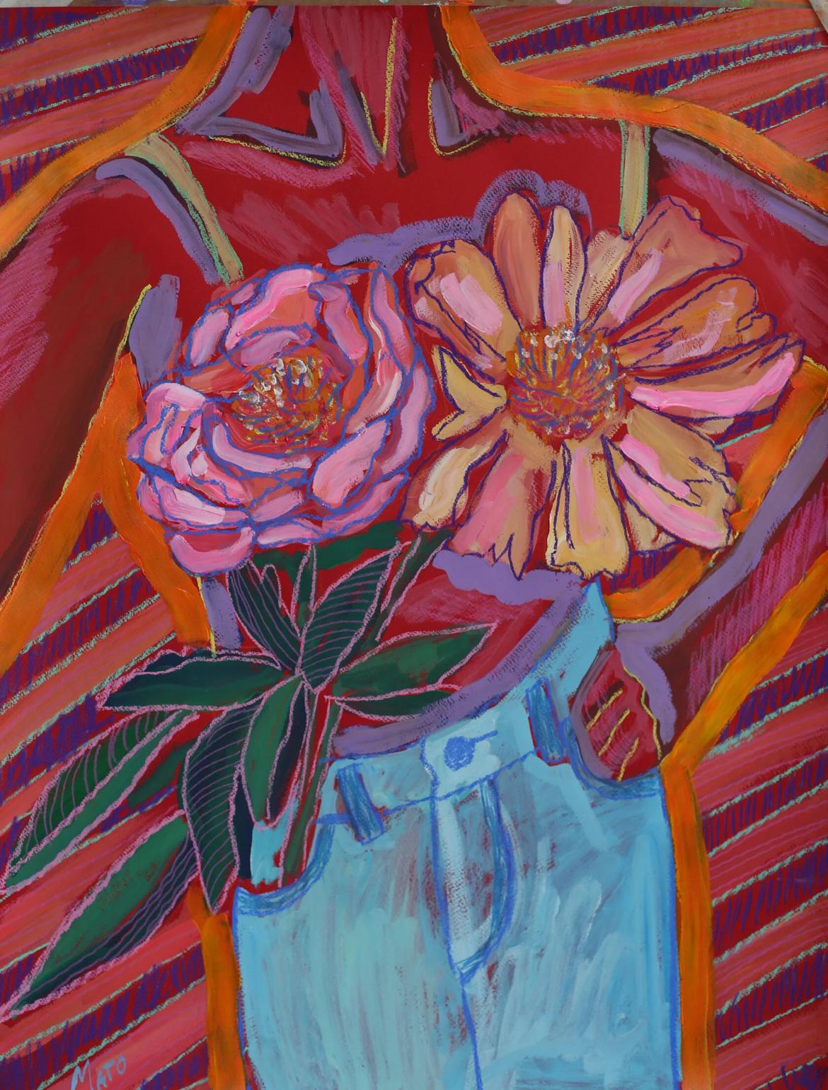 Girl with flowers , 65x50cm, paper/ pastel/ gouache - Painting by Aleksandra Mato