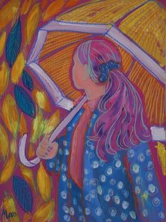 Girl with umbrella, 70x50cm. paper/ pastel/ gouache
