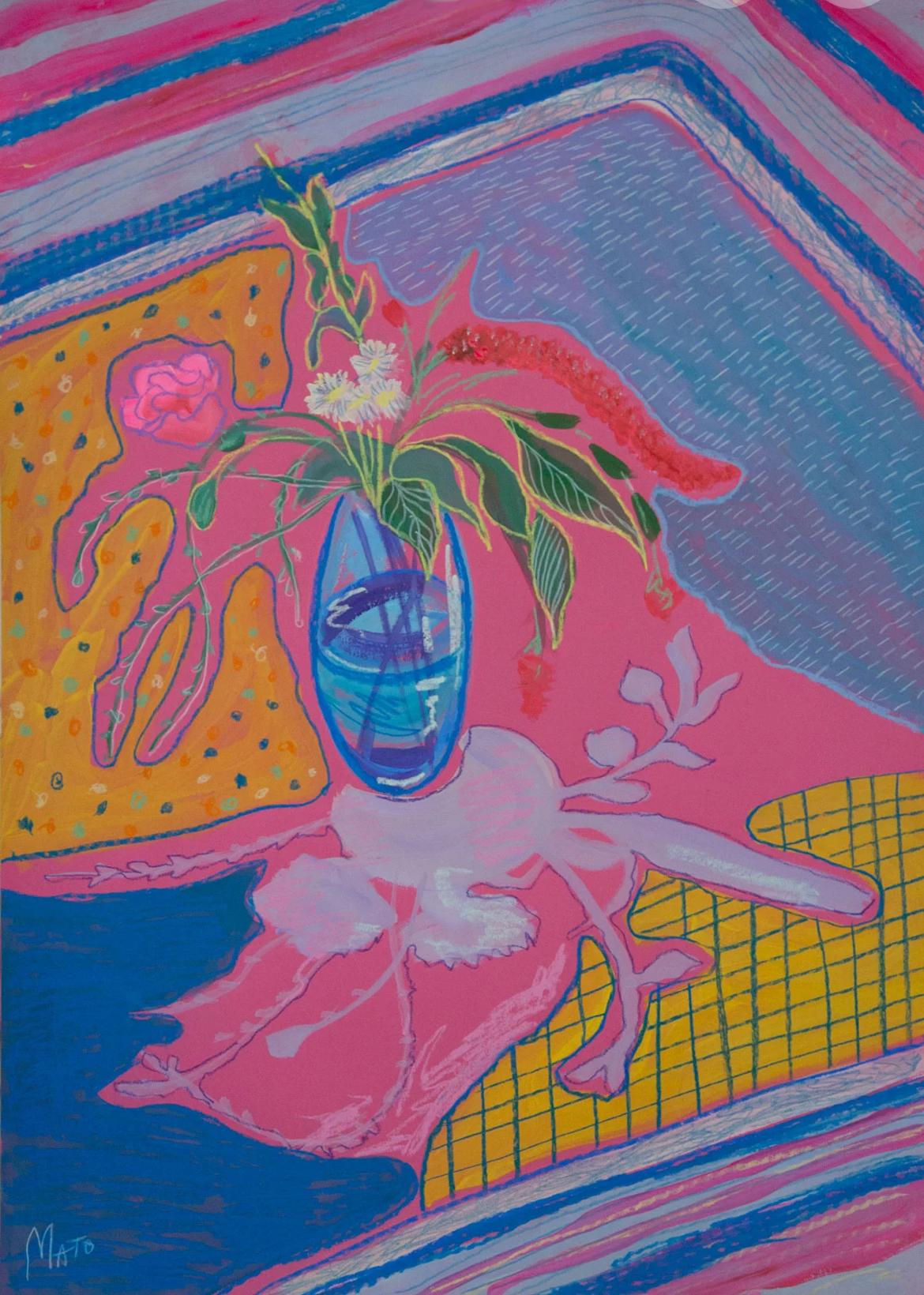Natura morta con vaso blu , 70x50 cm, carta/pastello/guazzo