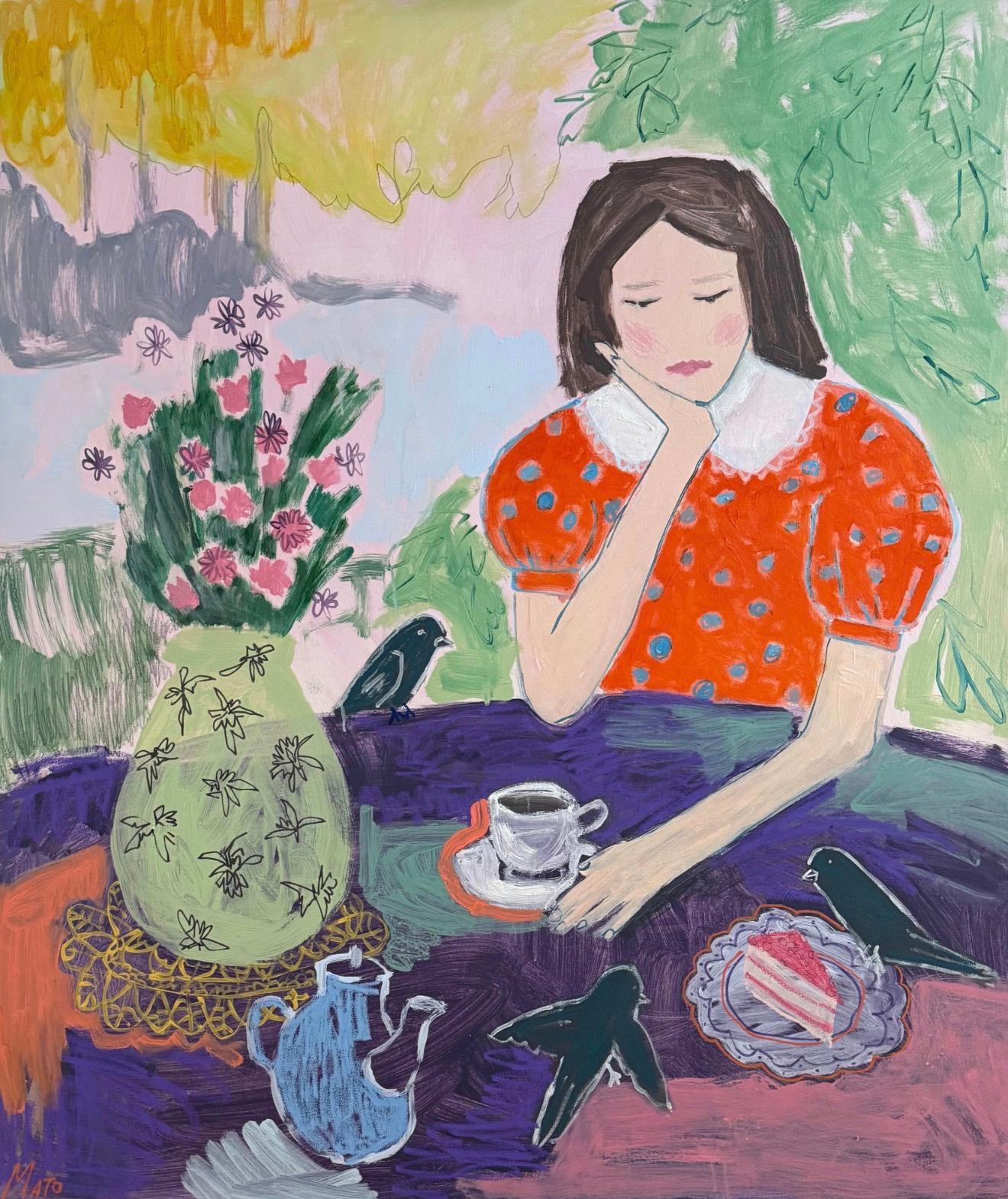 Aleksandra Mato Figurative Painting – Teeparty mit Vögeln, 120x100cm, Acryl auf Leinwand