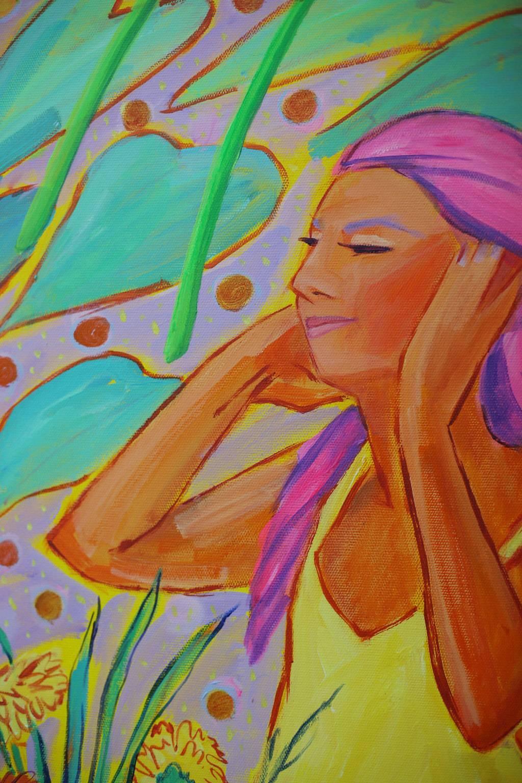 Das Mädchen unter dem Blütenblatt, 100x80cm, Acryl auf Leinwand (Zeitgenössisch), Painting, von Aleksandra Mato