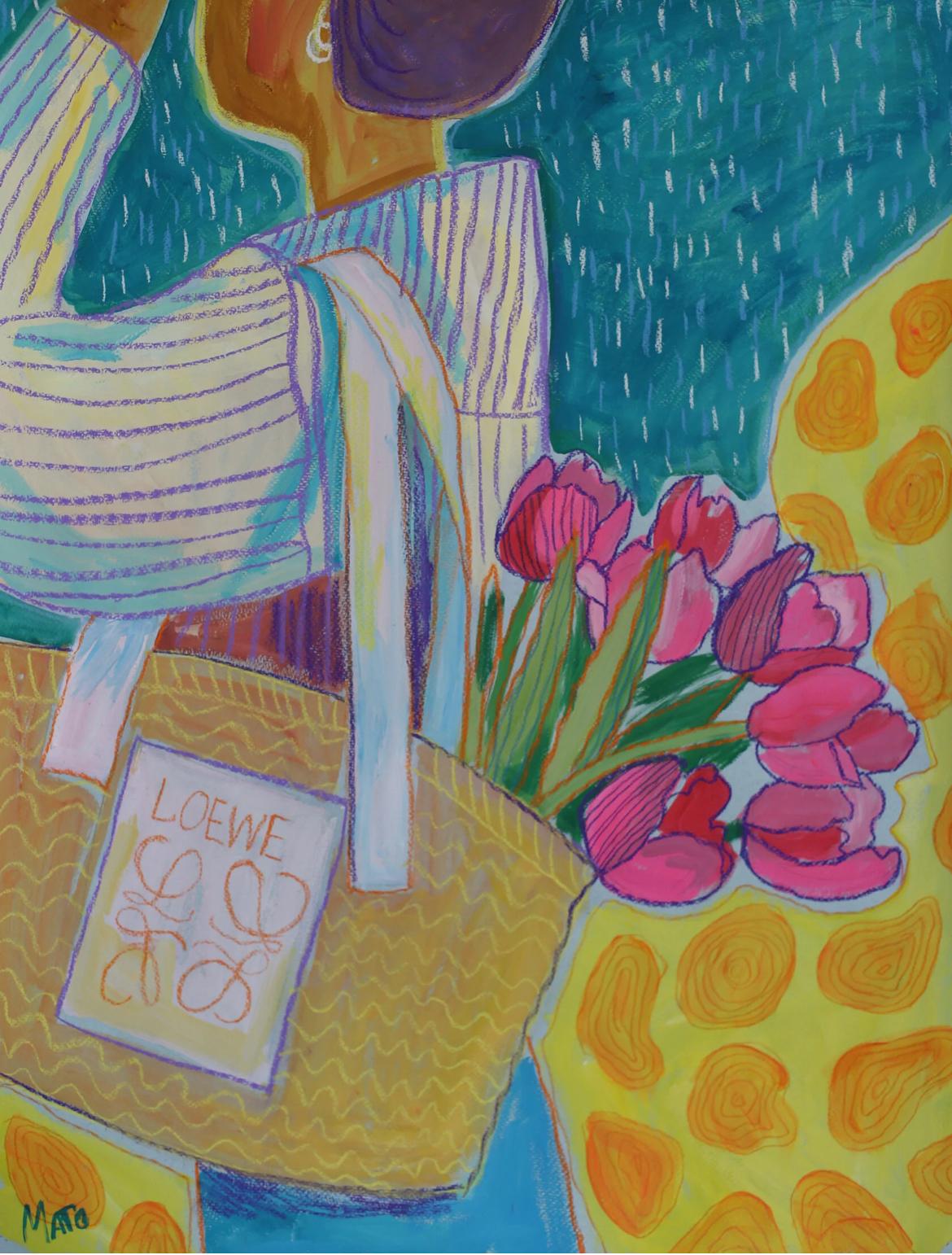 Tulips in einer Tasche, 65x50cm, Papier/Pastell/ Gouache/Pastell – Painting von Aleksandra Mato