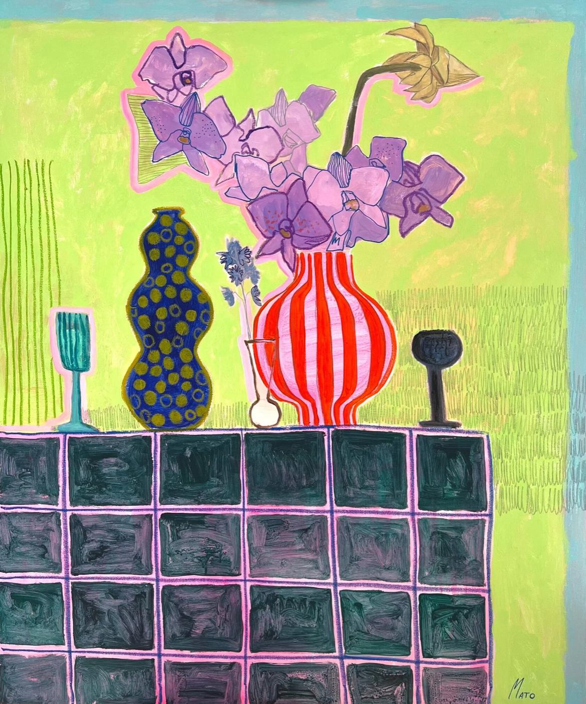 Vase with orchids, 100x80cm, acrylic on canvas - Painting by Aleksandra Mato