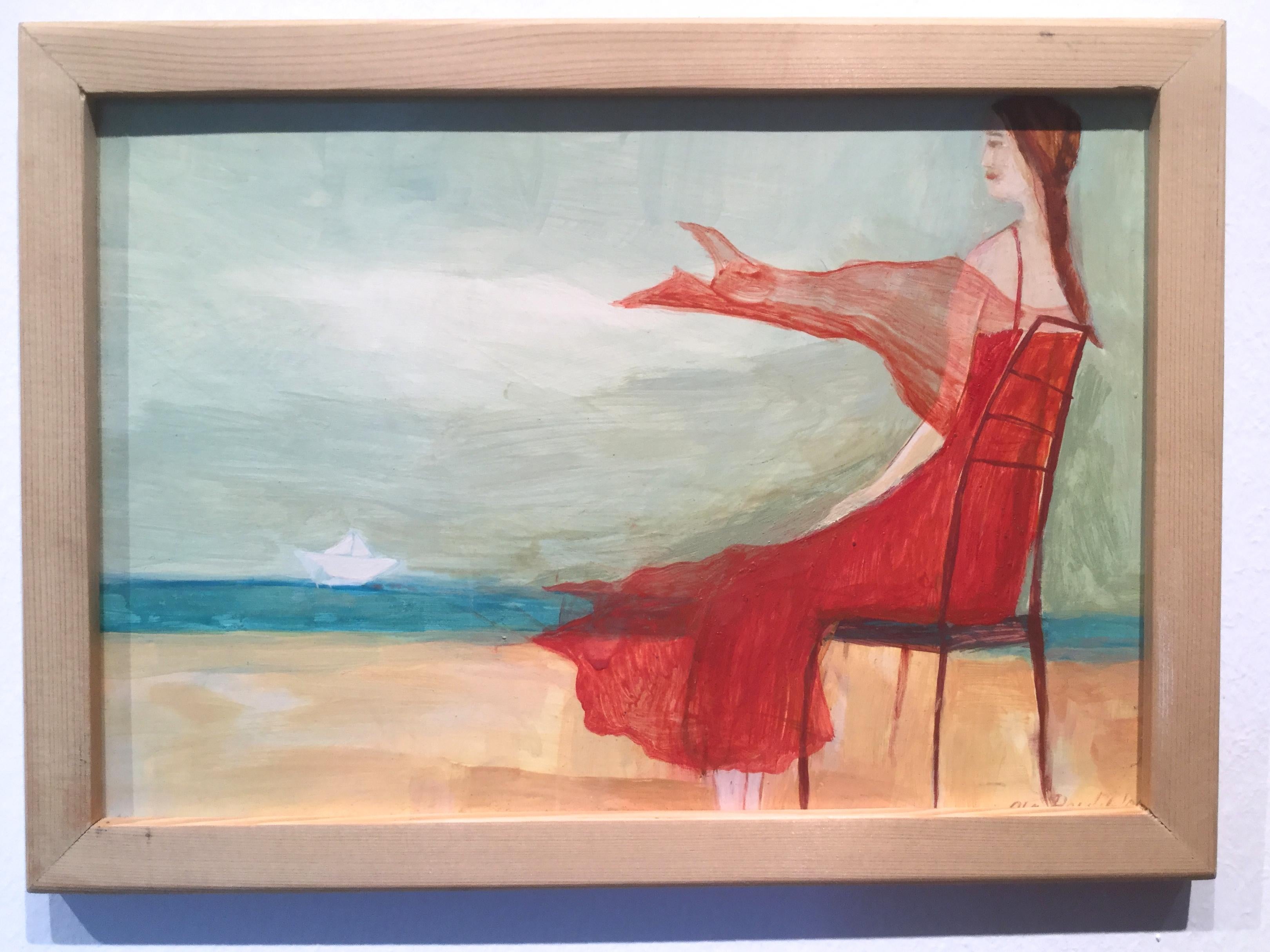 Mädchen in rotem Kleid mit Blicken auf das Meer - Anmutiges illustriertes, romantisches Gemälde – Painting von Aleksandra Pawlikowska