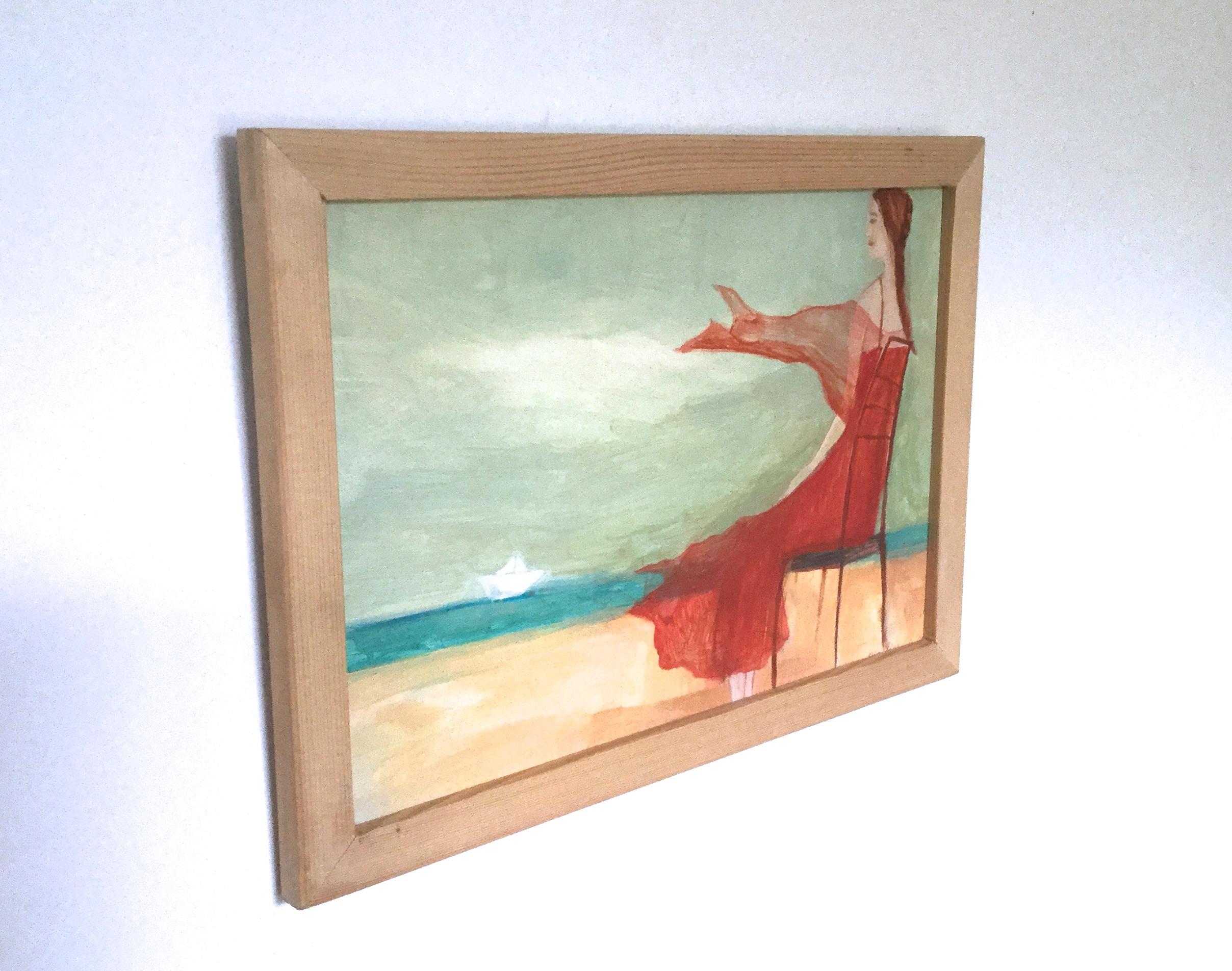 Mädchen in rotem Kleid mit Blicken auf das Meer - Anmutiges illustriertes, romantisches Gemälde im Angebot 1