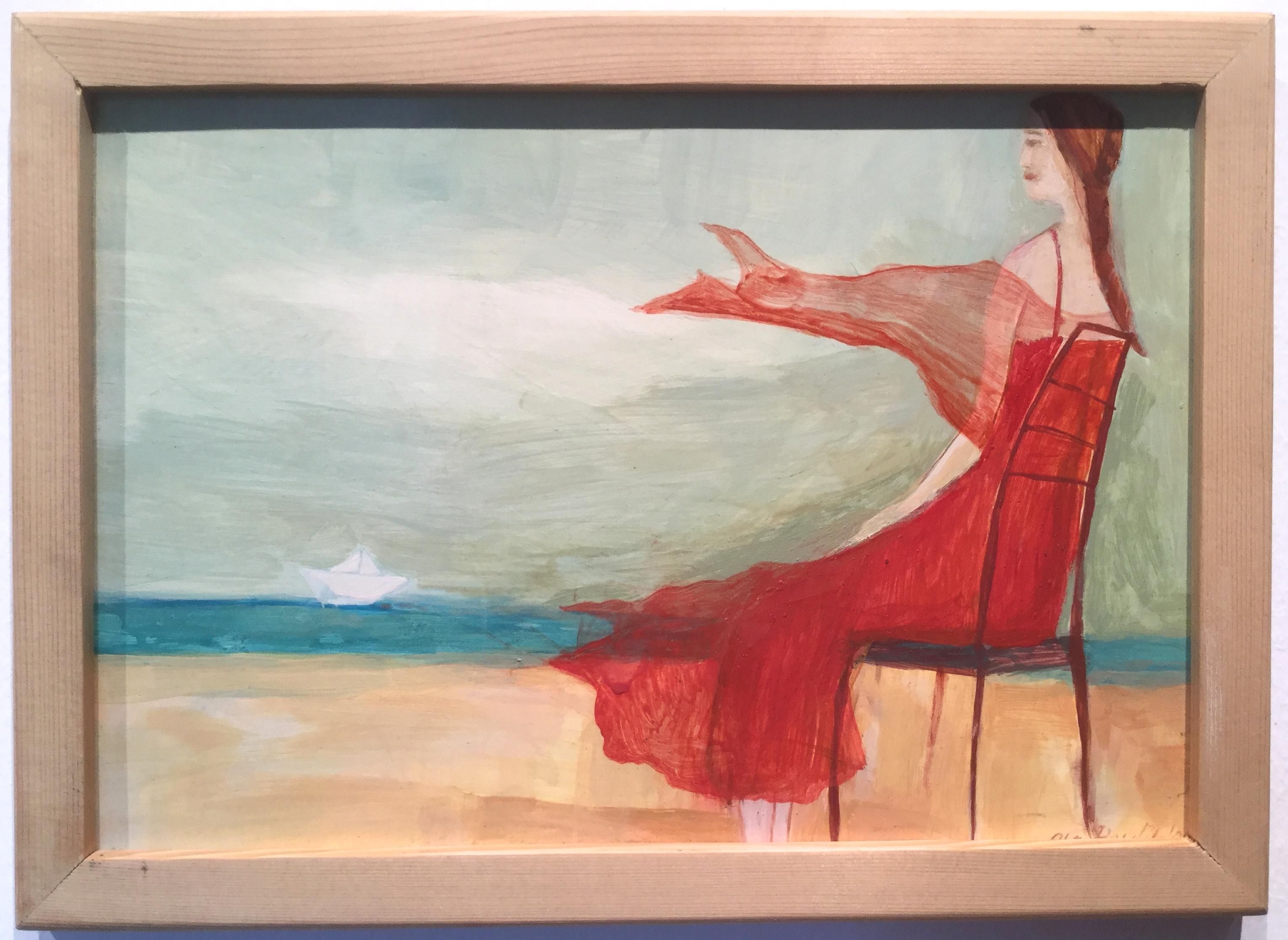 Girl In Red Dress Looks At The Sea - Graceful Illustrative Romantic Painting For Sale 5
