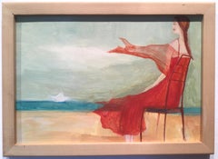 Une fille en robe rouge regarde la mer - Gracieuse peinture romantique illustrative