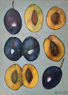 Plums - Contemporary figurative oil painting, warm tones, still life