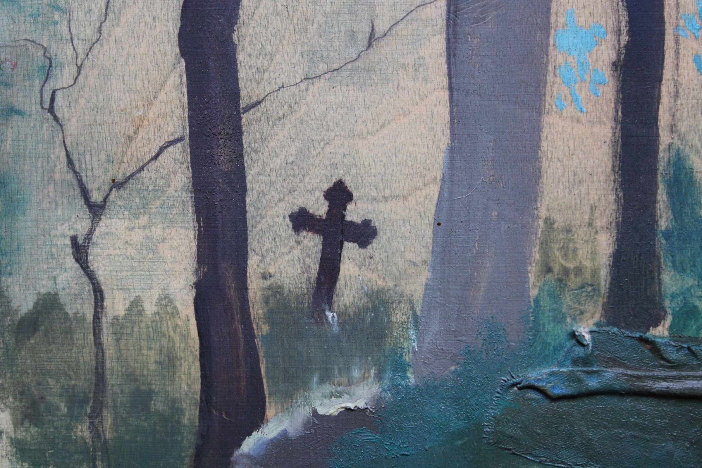 The old cemetery. 2018. Oil on wooden plywood. 16x54.4 cm - Painting by Aleksandra Rafaela Tiknuse